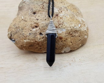 Sterling silver Black Obsidian pendant. Reiki jewelry uk. Wire wrap necklace. Unisex Obsidian point necklace. 30x9mm stone