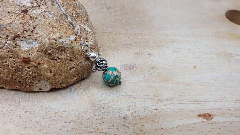 Green jasper pendant necklace. Sea sediment jasper Reiki jewelry uk. 10mm stone. Bali silver bead Small Minimalist necklaces for women image 4