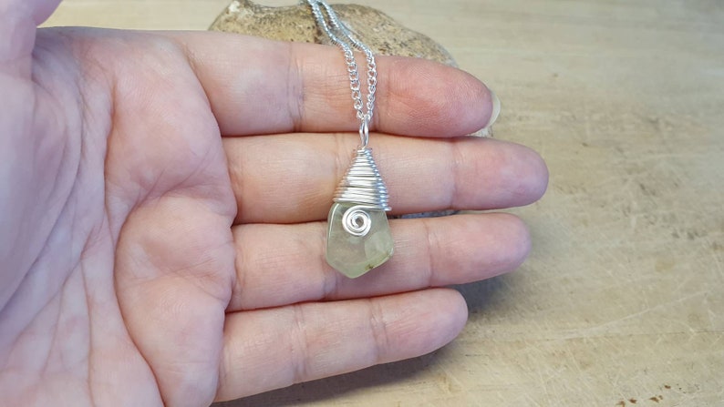 Green Prehnite pendant. Archangel Raphael stone. Libra necklace. Reiki jewelry uk. Silver plated Wire wrapped pendant image 2
