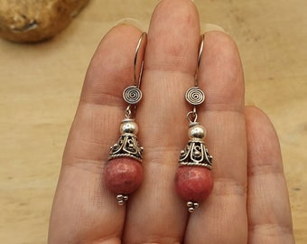 Rare Thulite cone earrings. Reiki jewelry uk. Minimalist Bali silver Rozalite dangle drop earrings. 10mm stone. Gift for her