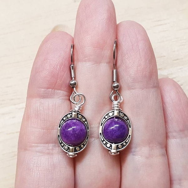 Small Rare purple Sugilite earrings. Crystal Reiki jewelry uk. Silver plated Oval frame dangle drop earrings. 8mm stones