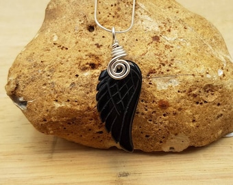 Black Obsidian angel wing pendant. Reiki jewelry uk. Wire wrap necklace. Sterling silver. 30x9mm stone