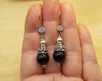 Rare shungite cone earrings. Reiki jewelry uk. Wire wrap dangle drop earring. Bali silver earrings for women.