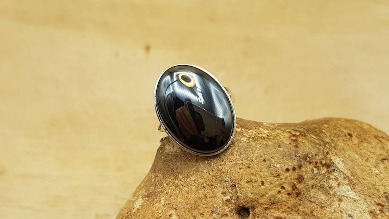 Grey semi precious stone 18x13mm 925 sterling silver rings for women Hematite ring Adjustable ring uk Reiki jewelry