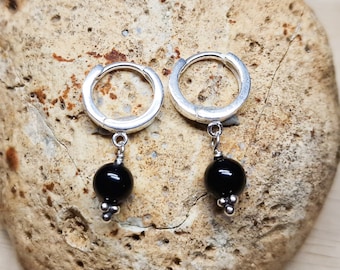 Black obsidian huggie hoop earrings. Sterling silver. Reiki jewelry uk. Minimalist earring. earrings for women