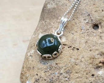 Tiny nephrite Jade pendant. Green Reiki jewelry uk. 12th anniversary gemstone. 8mm round stone. 925 sterling silver