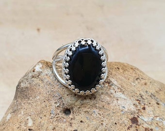 Adjustable Black Onyx Ring. December birthstone. Reiki jewelry. 7th anniversary gemstone. 18x13mm stone. 925 sterling silver rings for women