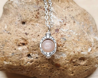 Tiny Sunstone pendant. Crystal Reiki jewelry uk. Silver plated Wire wrap necklace. Oval frame pendant. 10mm stone