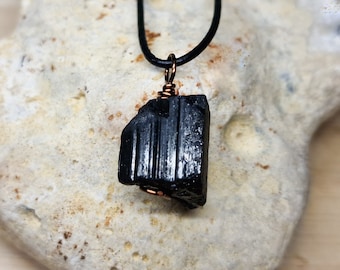 Mens Raw black Tourmaline pendant necklace. October birthstone. Unisex Reiki jewelry uk. Wire wrap pendant. Empowered crystals