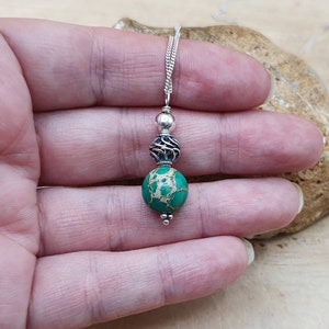 Green jasper pendant necklace. Sea sediment jasper Reiki jewelry uk. 10mm stone. Bali silver bead Small Minimalist necklaces for women image 3