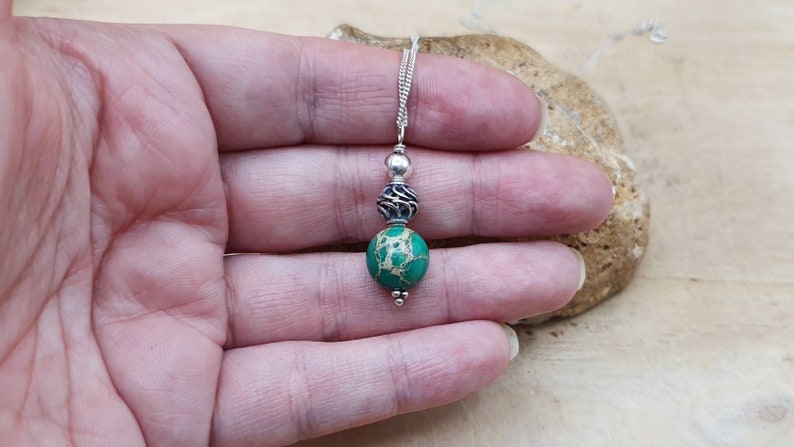 Green jasper pendant necklace. Sea sediment jasper Reiki jewelry uk. 10mm stone. Bali silver bead Small Minimalist necklaces for women image 3