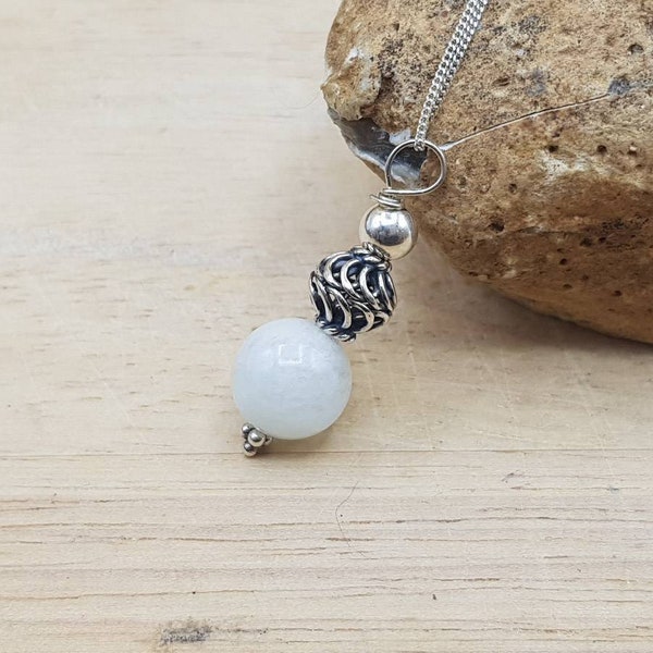 Goshenite pendant necklace. Reiki jewelry uk. Gemini jewelry. White beryl Bali silver bead jewellery.