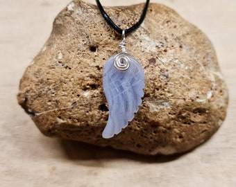 Blue lace agate angel wing pendant. Reiki jewelry uk. Pisces jewelry. Silver plated Wire wrap pendant