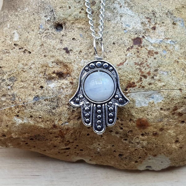 Hamsa Moonstone Pendant. Crystal Reiki jewelry uk. June's Birthstone. White 10mm stone. Hamsa necklace. Protection symbol