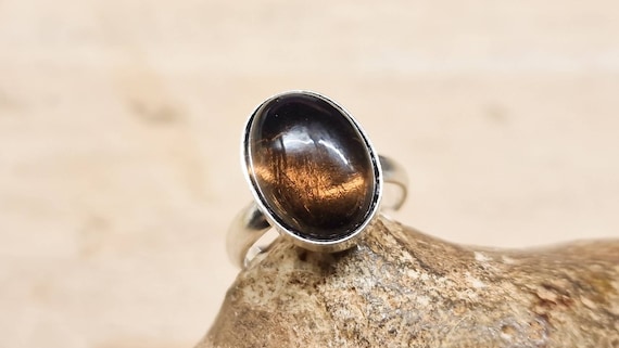 Smoky Quartz ring. 925 sterling silver. Reiki jewelry. Adjustable ring uk. Brown 14x10mm stone