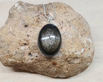 Golden sheen Obsidian pendant. Reiki jewelry uk. Semi precious stone. 25x18mm. 925 Sterling silver necklaces for women. Empowered crystals