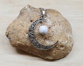 Filigree crescent moon Howlite pendant. White Crystal Reiki jewelry uk. Gemini jewelry. Silver plated Wire wrap necklace