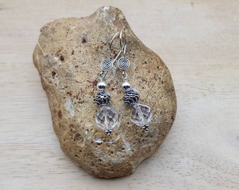 Clear quartz earrings. Bali silver bead earrings. April birthstone. Crystal Reiki jewelry uk.