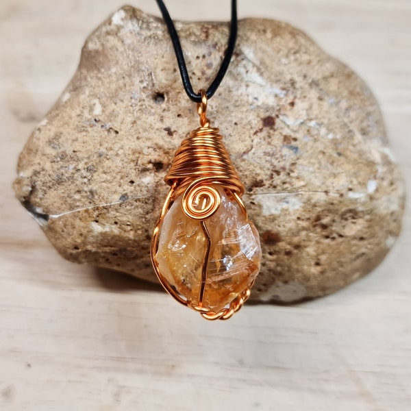 Copper Raw citrine necklace. Unisex wire wrapped Men's pendant. November birthstone.  Archangel Gabriel pendant. Reiki jewelry uk