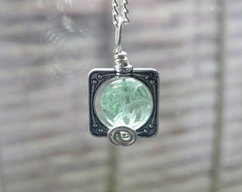 Green Fluorite Pendant. Square necklace. Reiki jewelry uk. Wire wrapped pendant