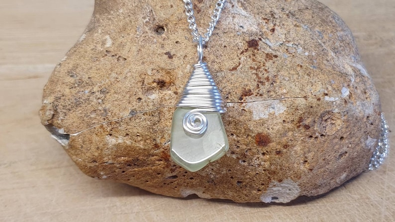 Green Prehnite pendant. Archangel Raphael stone. Libra necklace. Reiki jewelry uk. Silver plated Wire wrapped pendant image 1