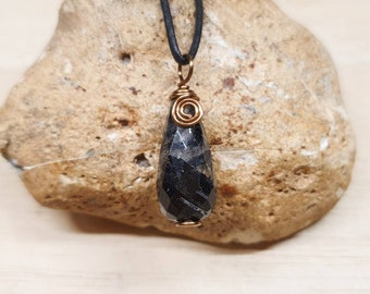 Black Rutilated quartz pendant. Crystal Reiki jewelry. Wire wrapped pendant uk. 27x12mm teardrop stone