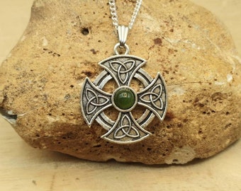 Jade celtic cross pendant. Triquetra Celtic knot necklace. 12th anniversary gemstone. Reiki jewelry uk. Silver plated necklaces for women