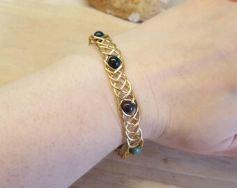 Celtic Bloodstone cuff bracelet. Adjustable Gold Brass wire wrap celtic knot weave, Green March birthstone. Reiki blessed