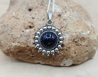 Round Boho Blue Goldstone pendant. Blue Sandstone circle necklace. Reiki jewelry uk. Boho Chic. Empowered crystals