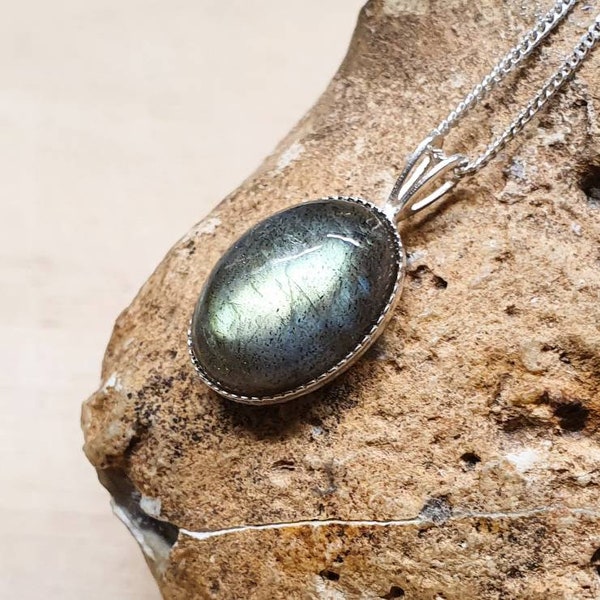 Small Labradorite pendant. Reiki jewelry uk. Minimalist semi precious stone necklace 14x10mm. 925 sterling silver necklaces for women