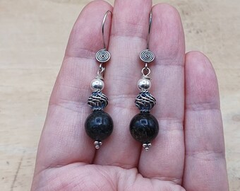 Rare Astrophyllite sphere earrings. Bali silver  earrings. Reiki jewelry uk. Wire wrapped dangle earrings.