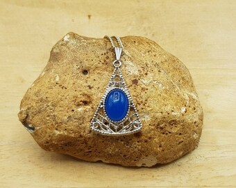 Boho filigree Triangle Blue Onyx Pendant necklace.  December Birthstone. Crystal Reiki jewelry uk. Boho chic jewellery. 12mm gemstone