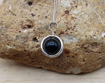 Minimalist Black Tourmaline necklace. Circle pendant. October birthstone. Sterling silver necklaces for women 10mm. Gift for her birthday C1