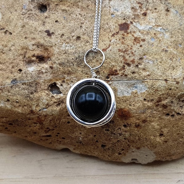 Minimalist Black Tourmaline necklace. Circle pendant. October birthstone. Sterling silver necklaces for women 10mm. Gift for her birthday C1