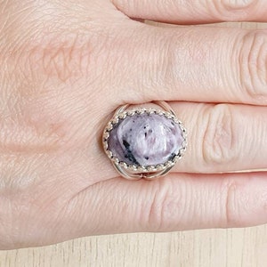 Purple Charoite ring. 925 sterling silver rings for women. Reiki jewelry uk. Violet Flame ring. Adjustable ring. 18x13mm gemstone image 2