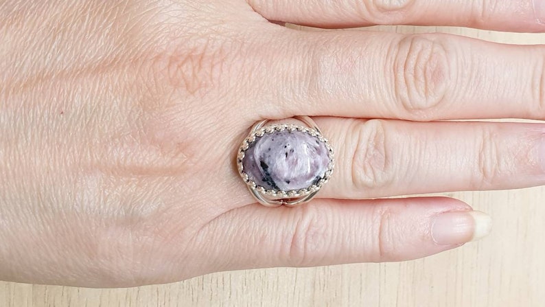 Purple Charoite ring. 925 sterling silver rings for women. Reiki jewelry uk. Violet Flame ring. Adjustable ring. 18x13mm gemstone image 2