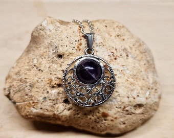 Round filigree Amethyst Pendant. Crystal Reiki jewelry uk. February birthstone. Boho chic necklace.
