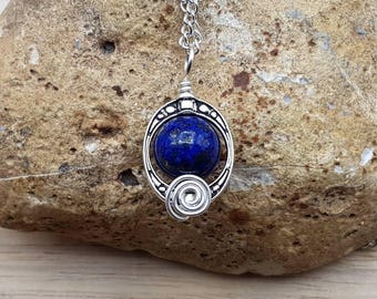 Small Lapis lazuli Pendant. September birthstone. Reiki jewelry uk. Oval frame necklace. Silver plated Wire wrapped pendant. 10mm stone