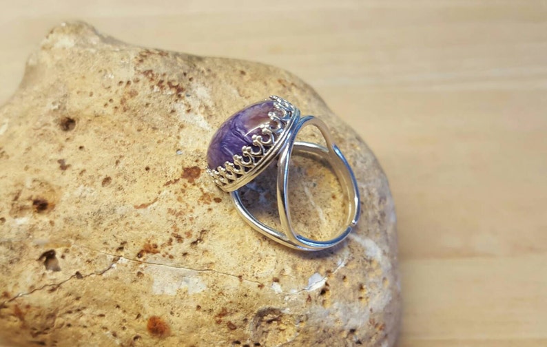 Purple Charoite ring. 925 sterling silver rings for women. Reiki jewelry uk. Violet Flame ring. Adjustable ring. 18x13mm gemstone image 3