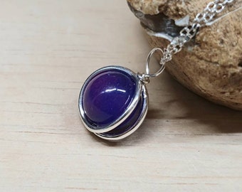 3D circle frame Sugilite pendant necklace. Rare Reiki jewelry uk. 10mm stone. Sterling silver necklaces for women