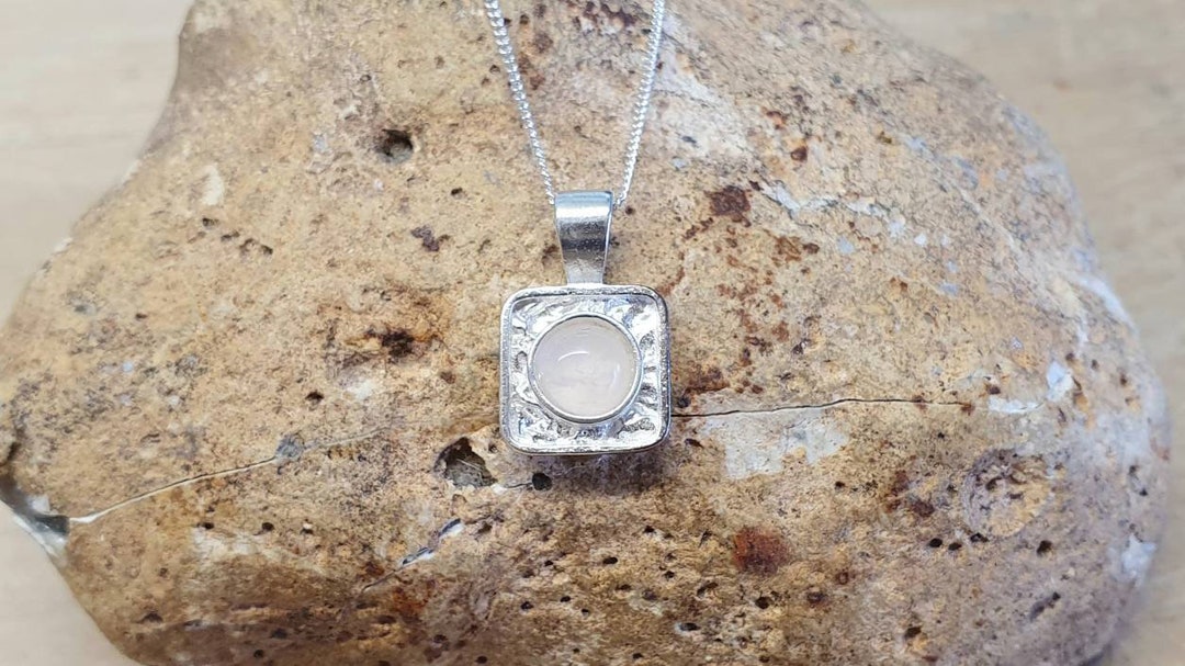 Tiny Square Rose Quartz Pendant Necklace. Pink Reiki Jewelry