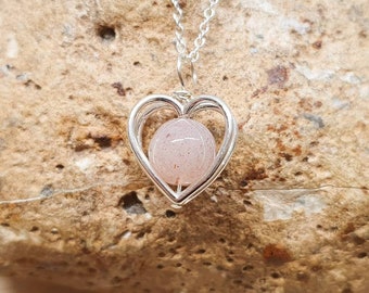 Small 3d heart Sunstone pendant necklace. Reiki jewelry uk. 8mm Peach semi precious stone. 925 sterling silver necklaces for women