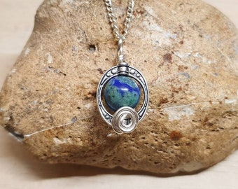 Small rare Azurite pendant. Crystal Reiki jewelry uk. Wire wrapped oval frame necklace. 10mm stone. Empowered crystals