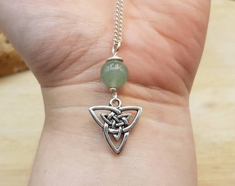 Celtic knot green Aventurine Pendant necklace. Green Reiki jewelry uk. Women's Silver plated  triquetra necklace. 10mm stone