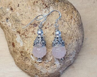 Rose Quartz earrings. Bali silver.  Reiki jewelry uk. January Birthstone. 5th anniversary Dangle earrings