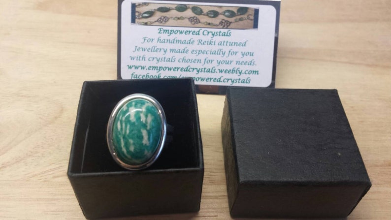 Silver plated Green Russian Amazonite ring. Statement ring. Virgo jewelry. Reiki jewelry uk. Adjustable ring image 5