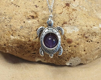 Purple Amethyst turtle Pendant. Spirit animal. Crystal Reiki jewelry uk. February birthstone. Boho hippy necklace.