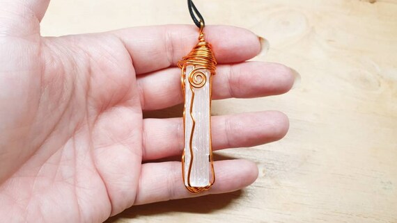 Copper Raw Selenite Necklace. Wire Wrap Raw Selenite Stick Pendant