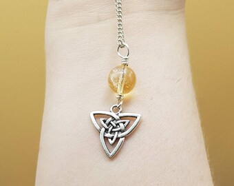 Celtic knot triquetra Citrine necklace. Crystal Reiki jewelry uk. November birthstone. Silver plated pendant. 10mm stone