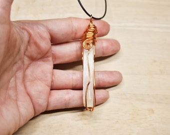 Copper raw Selenite necklace. Wire wrap Raw Selenite stick pendant. Raw Crystal necklace. Reiki jewelry uk.